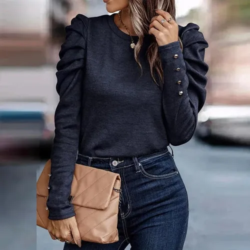 Fashion Simple Puff Long Sleeve Bottom Shirts 2023 New Solid Color O