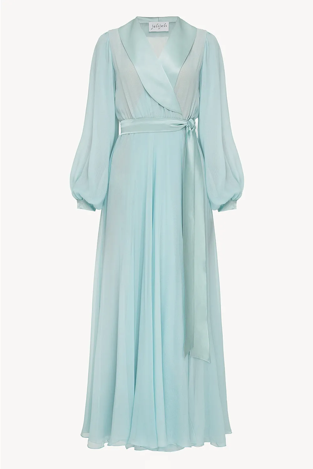 Floor length floaty chiffon wrap blue dress