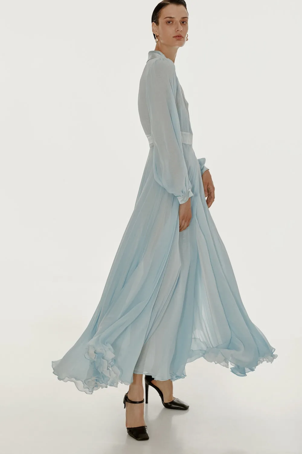 Floor length floaty chiffon wrap blue dress