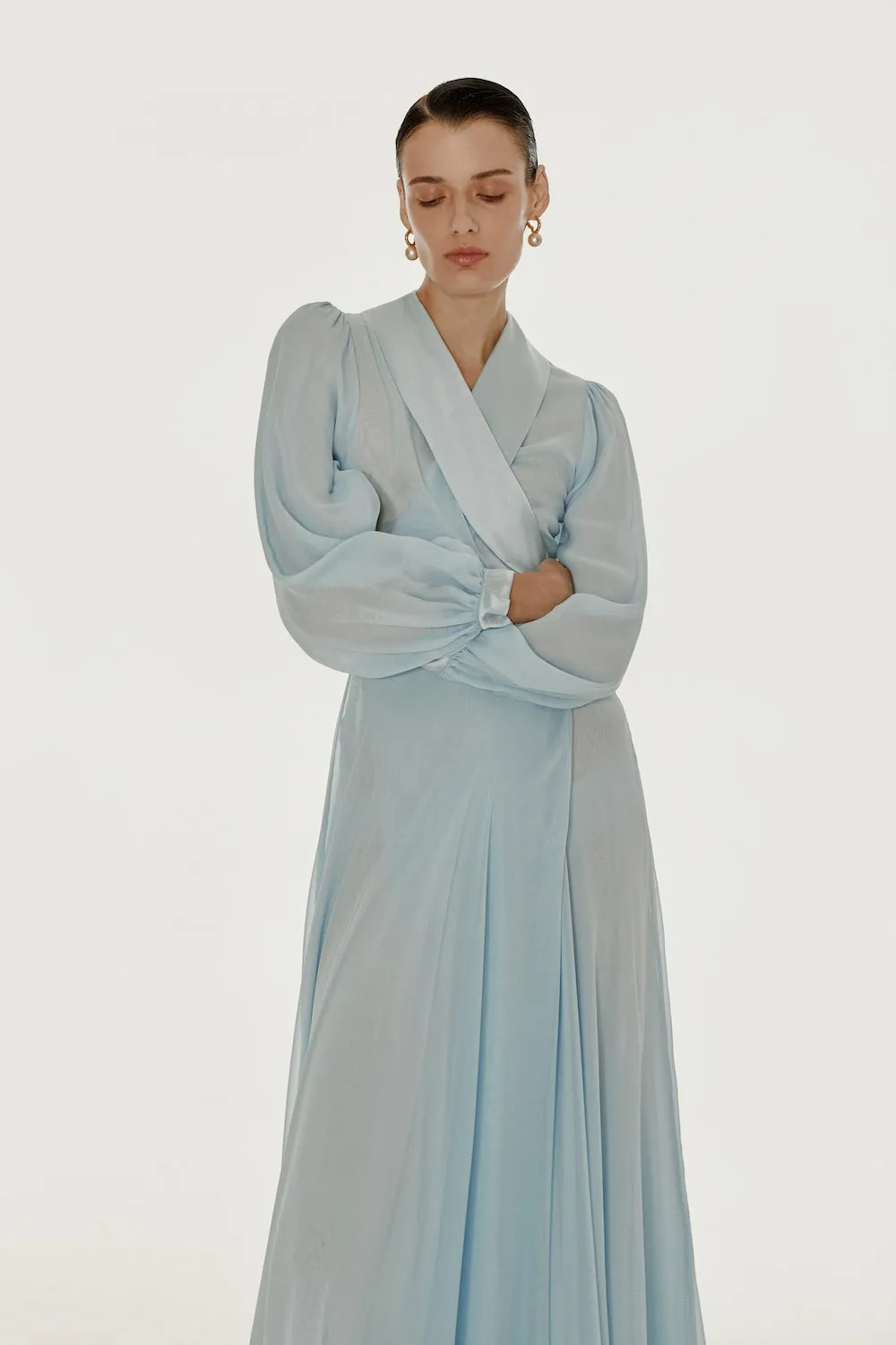 Floor length floaty chiffon wrap blue dress