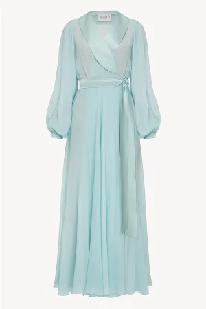 Floor length floaty chiffon wrap blue dress