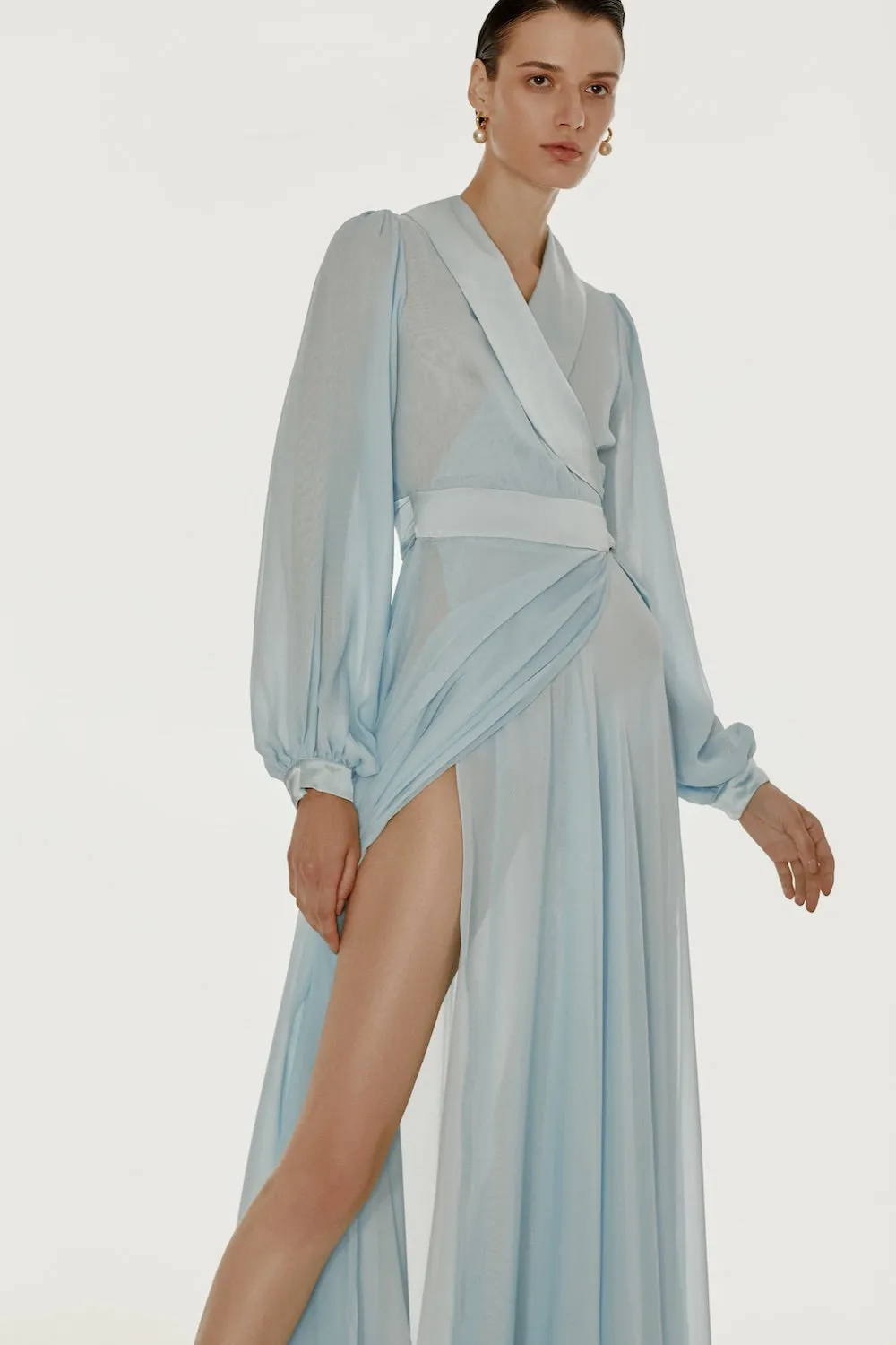 Floor length floaty chiffon wrap blue dress