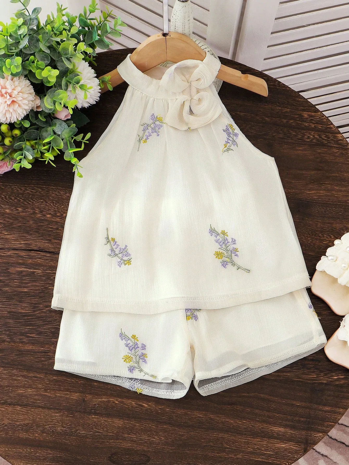 Floral embroidered top| Girl Floral Embroidered Halter Chiffon Top