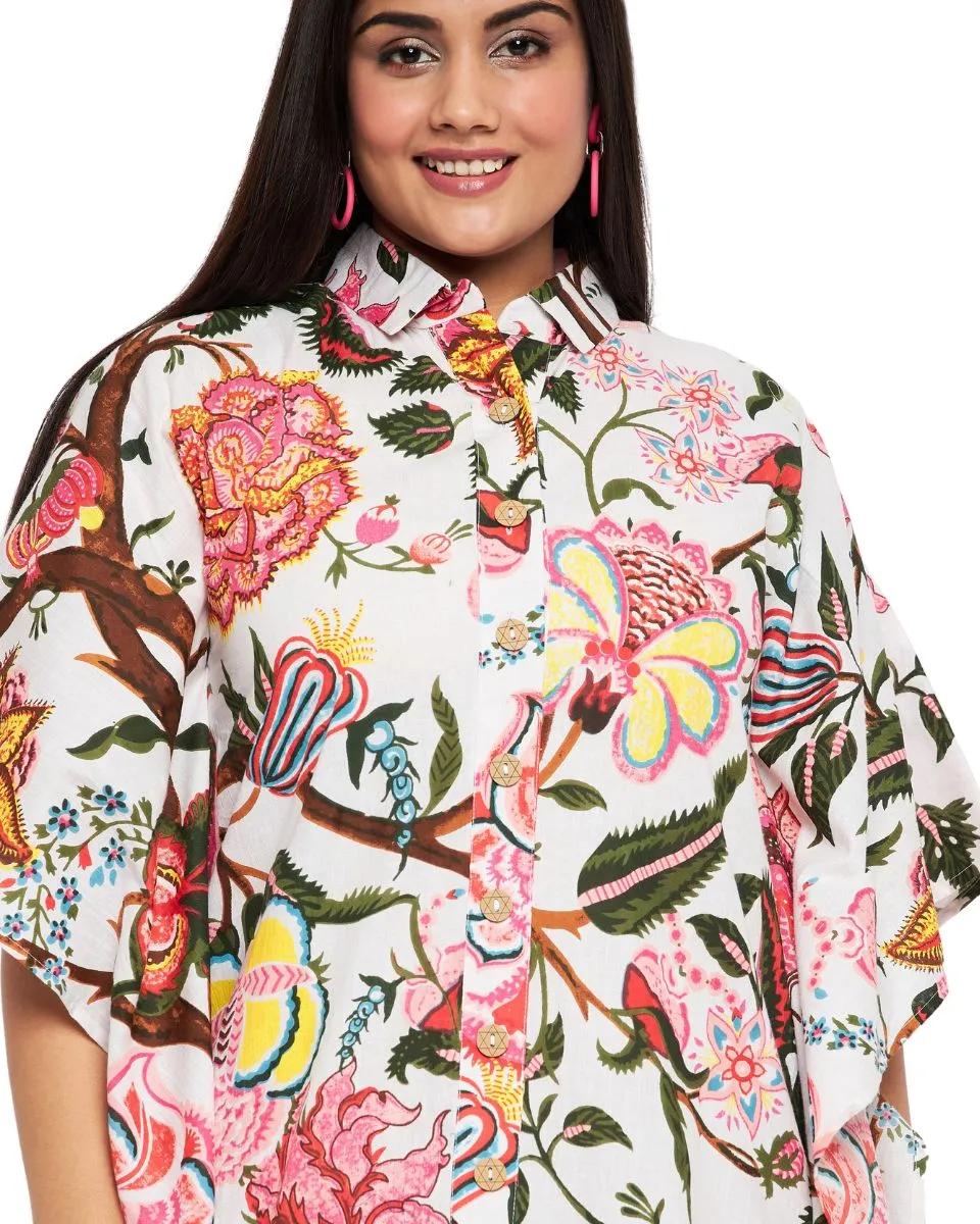 Floral Print White Cotton Front Open Button Tunic For Plus Size Women