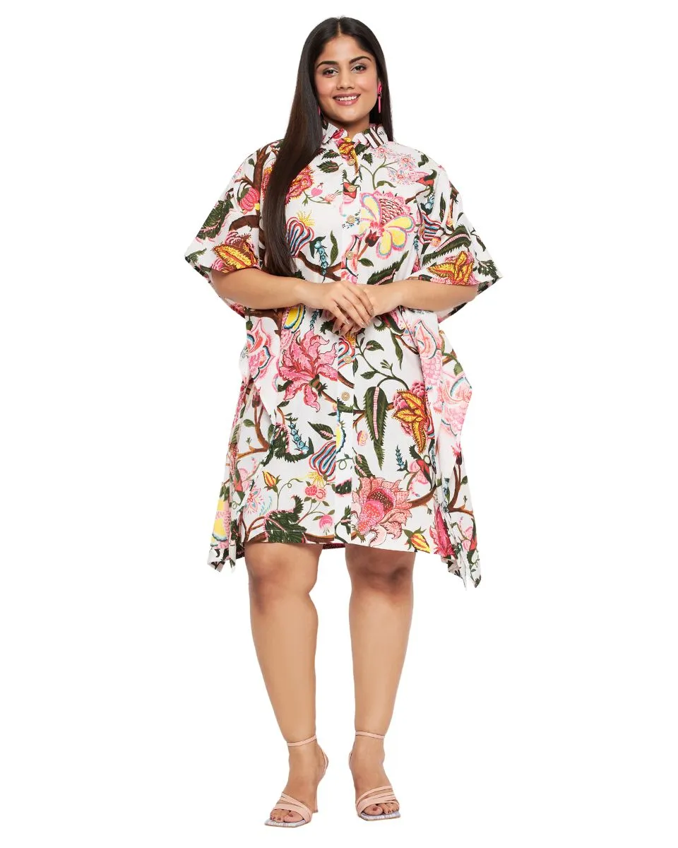 Floral Print White Cotton Front Open Button Tunic For Plus Size Women