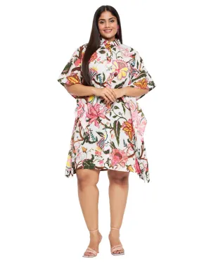 Floral Print White Cotton Front Open Button Tunic For Plus Size Women