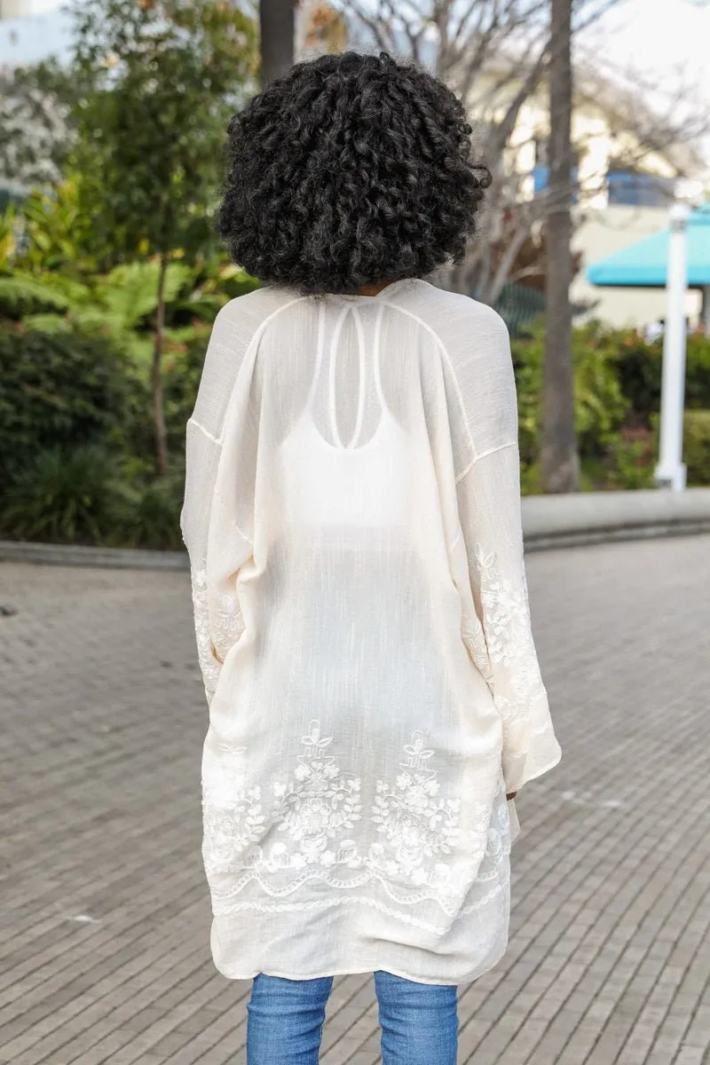 Flower Embroidered Black Kimono Cardigan