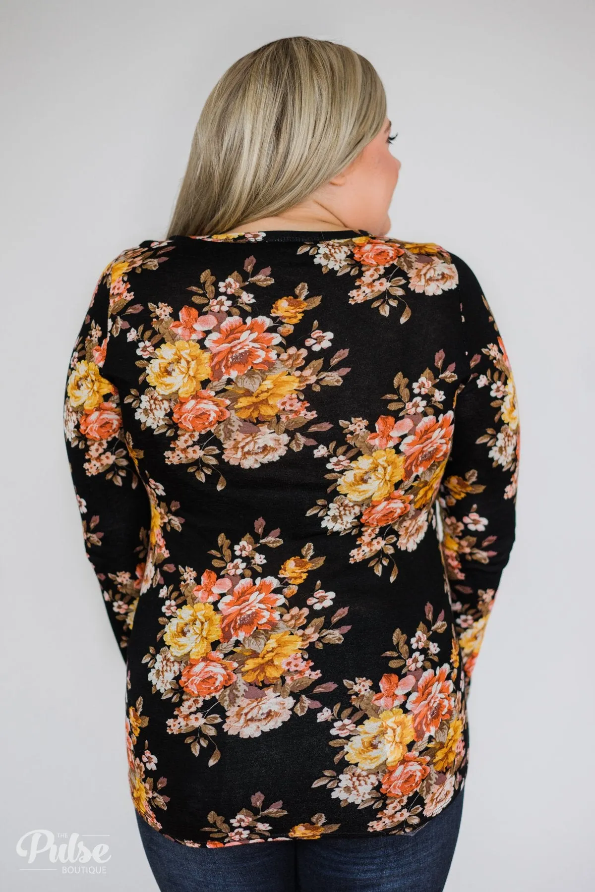 Flowers of Fall Sequin Pocket Long Sleeve Top- Black