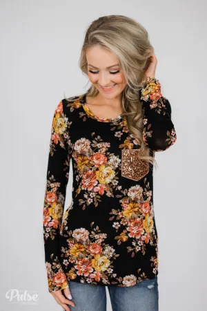Flowers of Fall Sequin Pocket Long Sleeve Top- Black