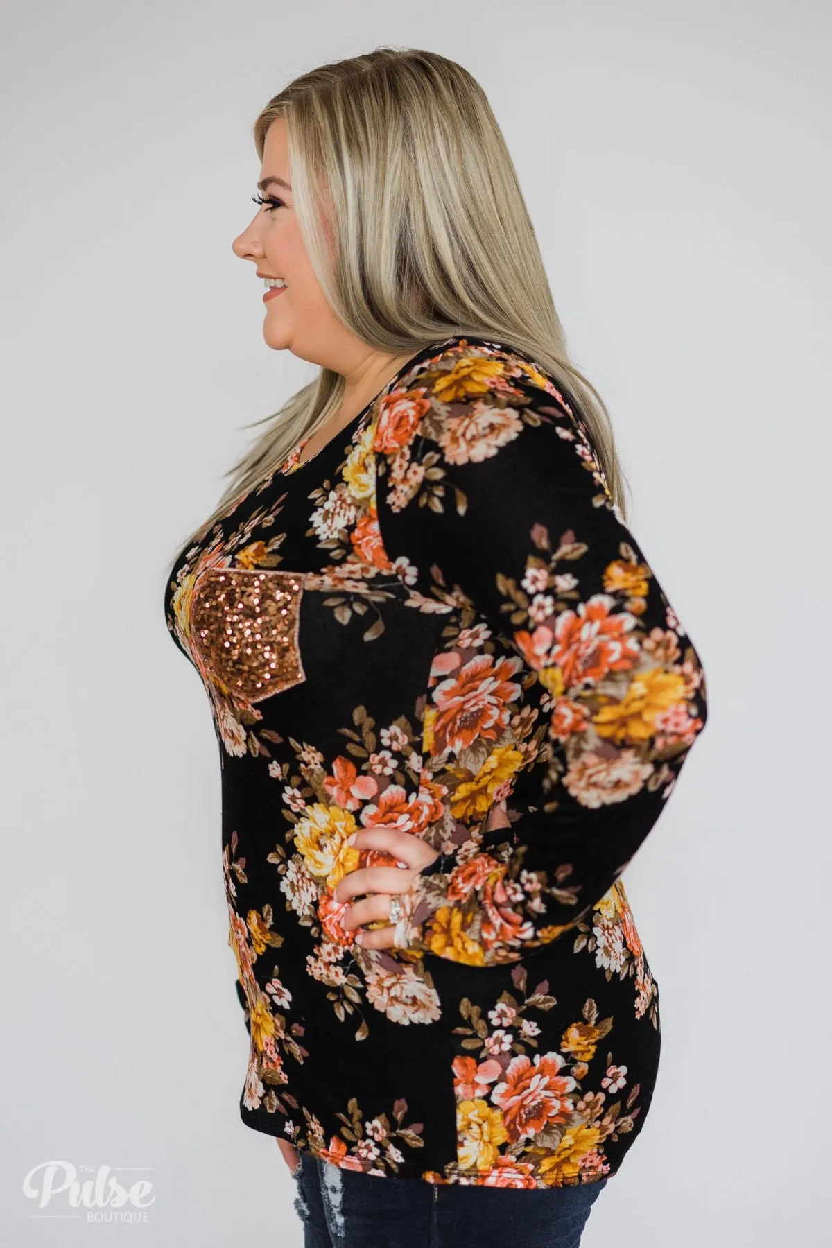 Flowers of Fall Sequin Pocket Long Sleeve Top- Black