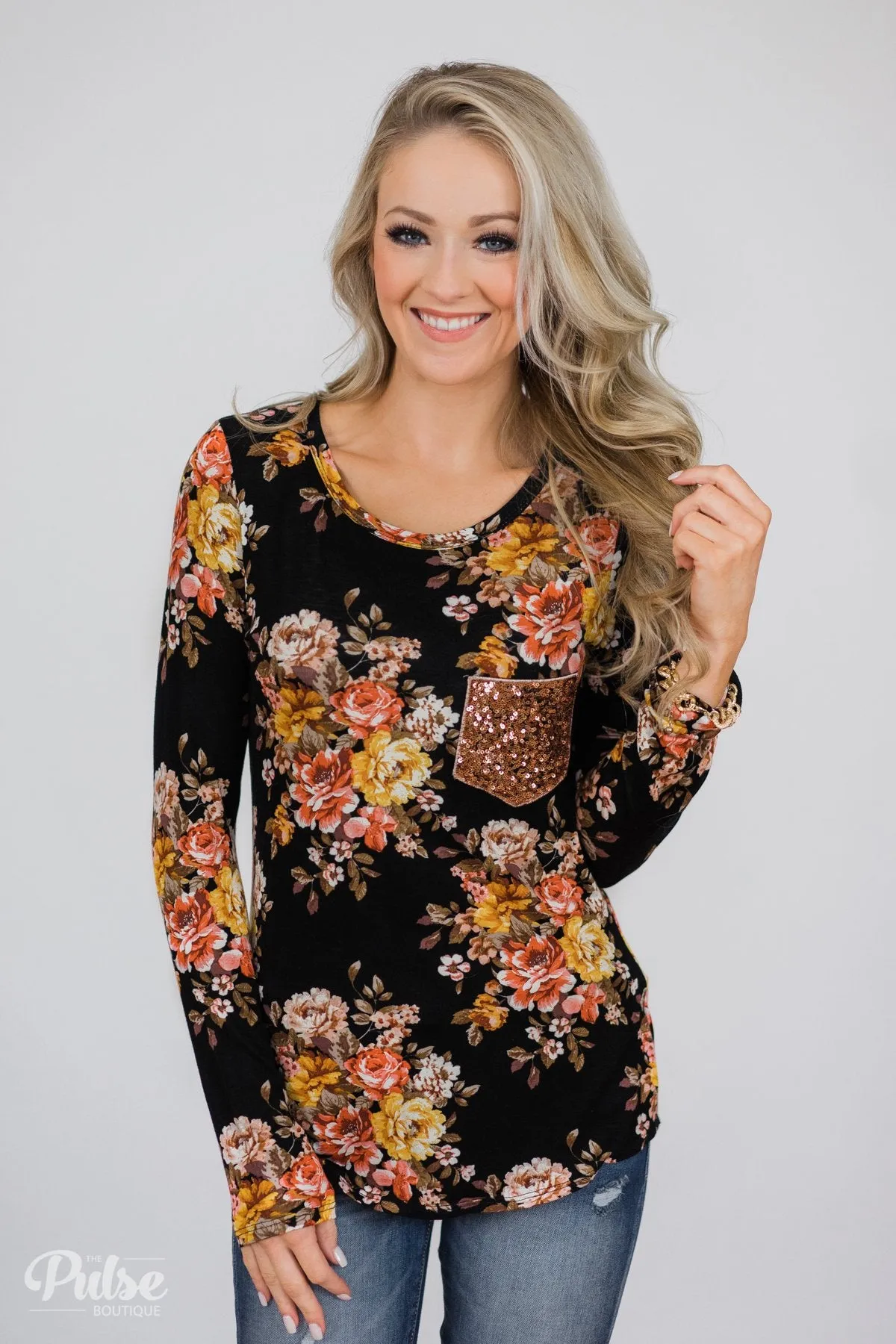 Flowers of Fall Sequin Pocket Long Sleeve Top- Black
