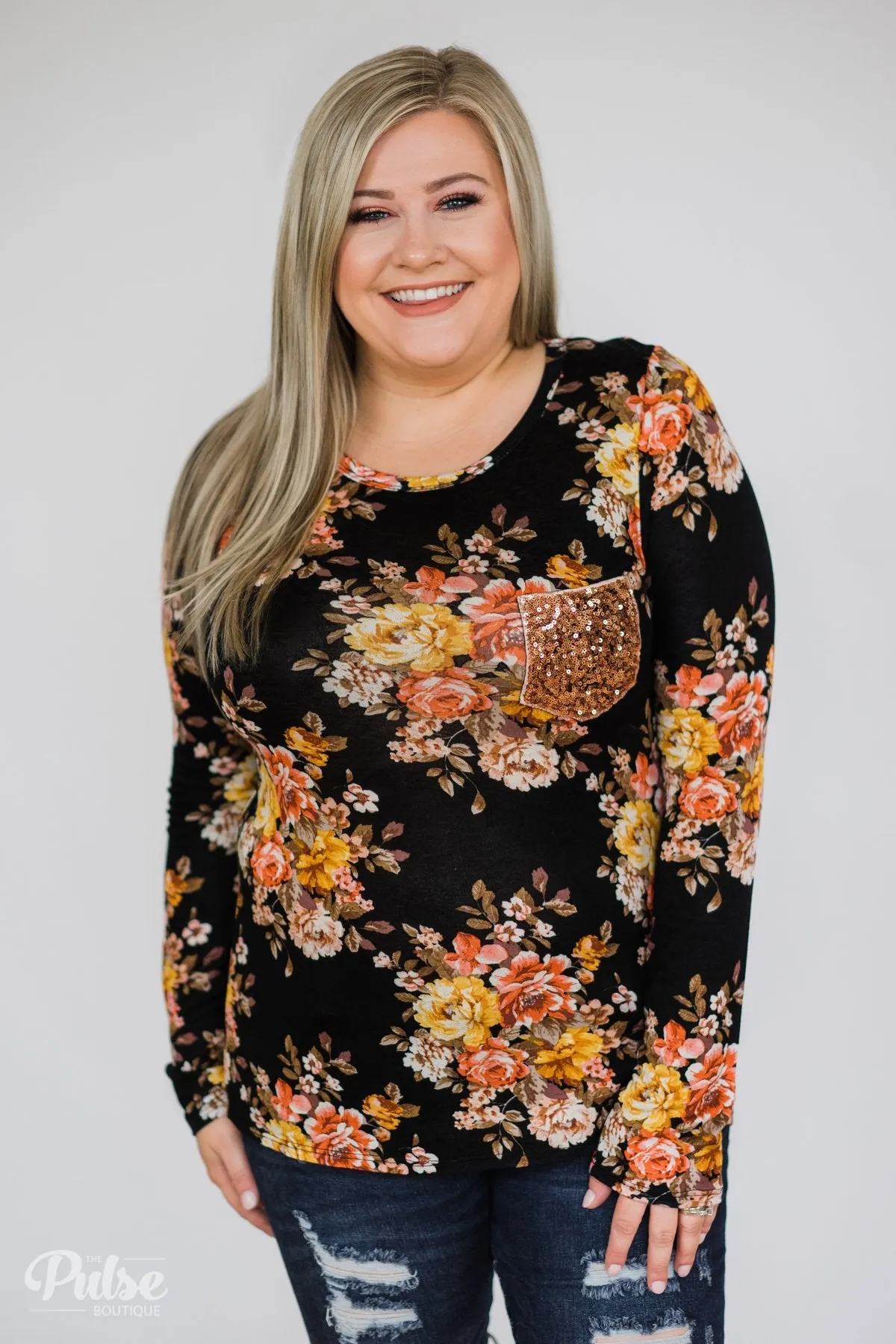 Flowers of Fall Sequin Pocket Long Sleeve Top- Black