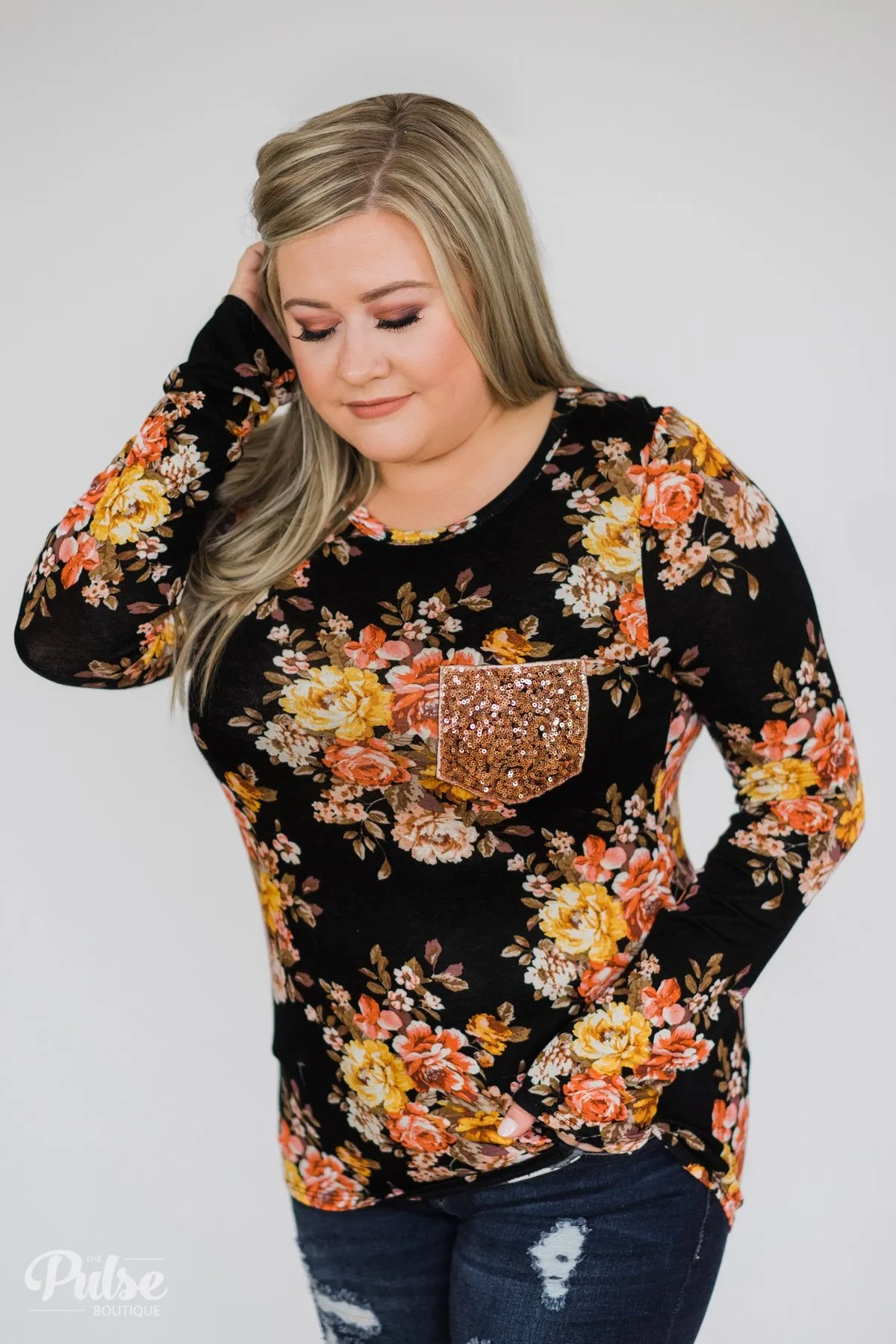 Flowers of Fall Sequin Pocket Long Sleeve Top- Black