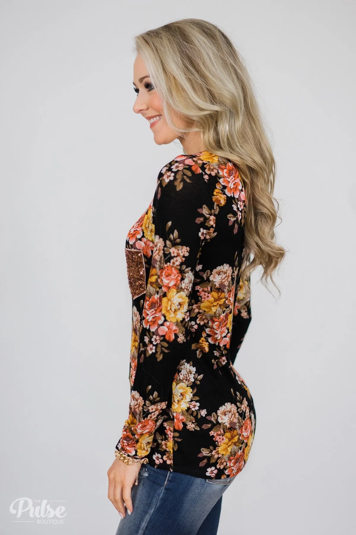 Flowers of Fall Sequin Pocket Long Sleeve Top- Black