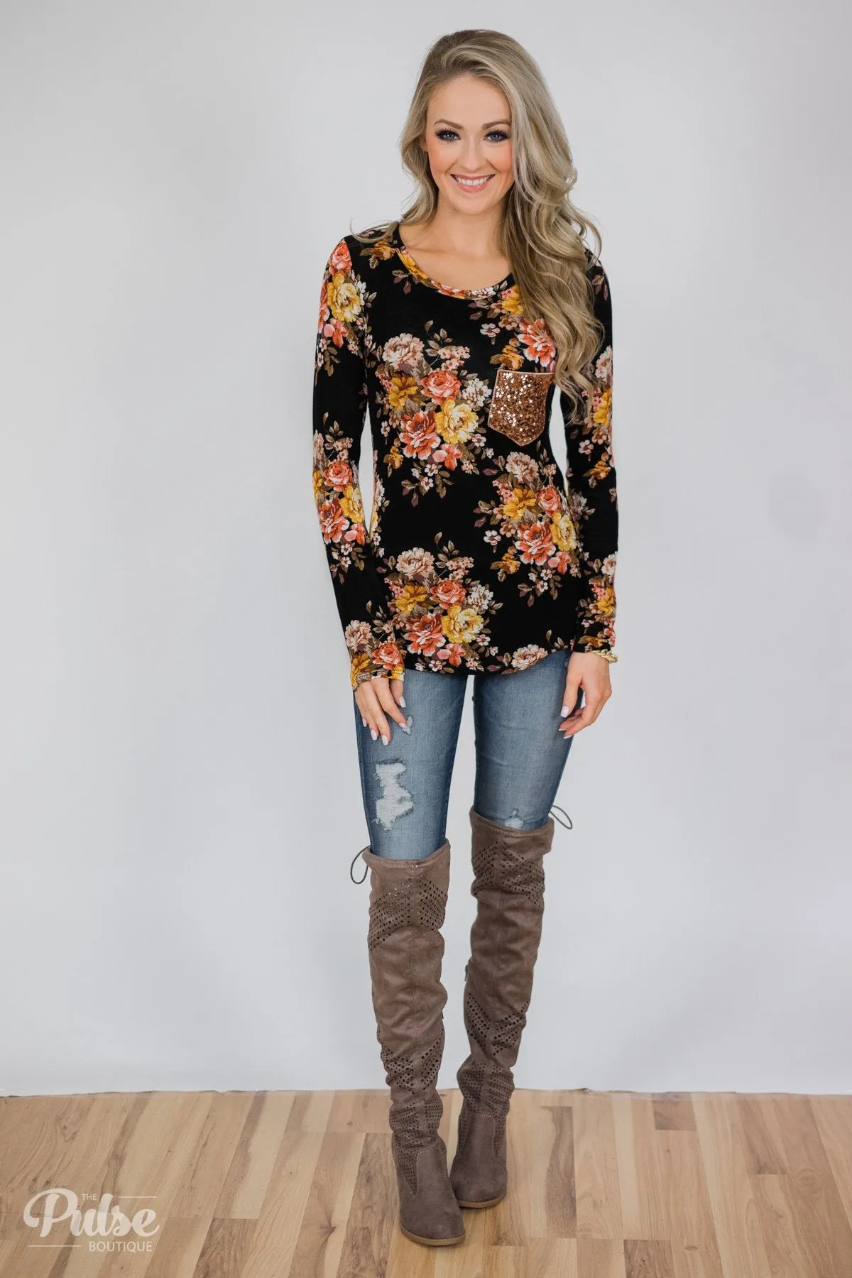 Flowers of Fall Sequin Pocket Long Sleeve Top- Black
