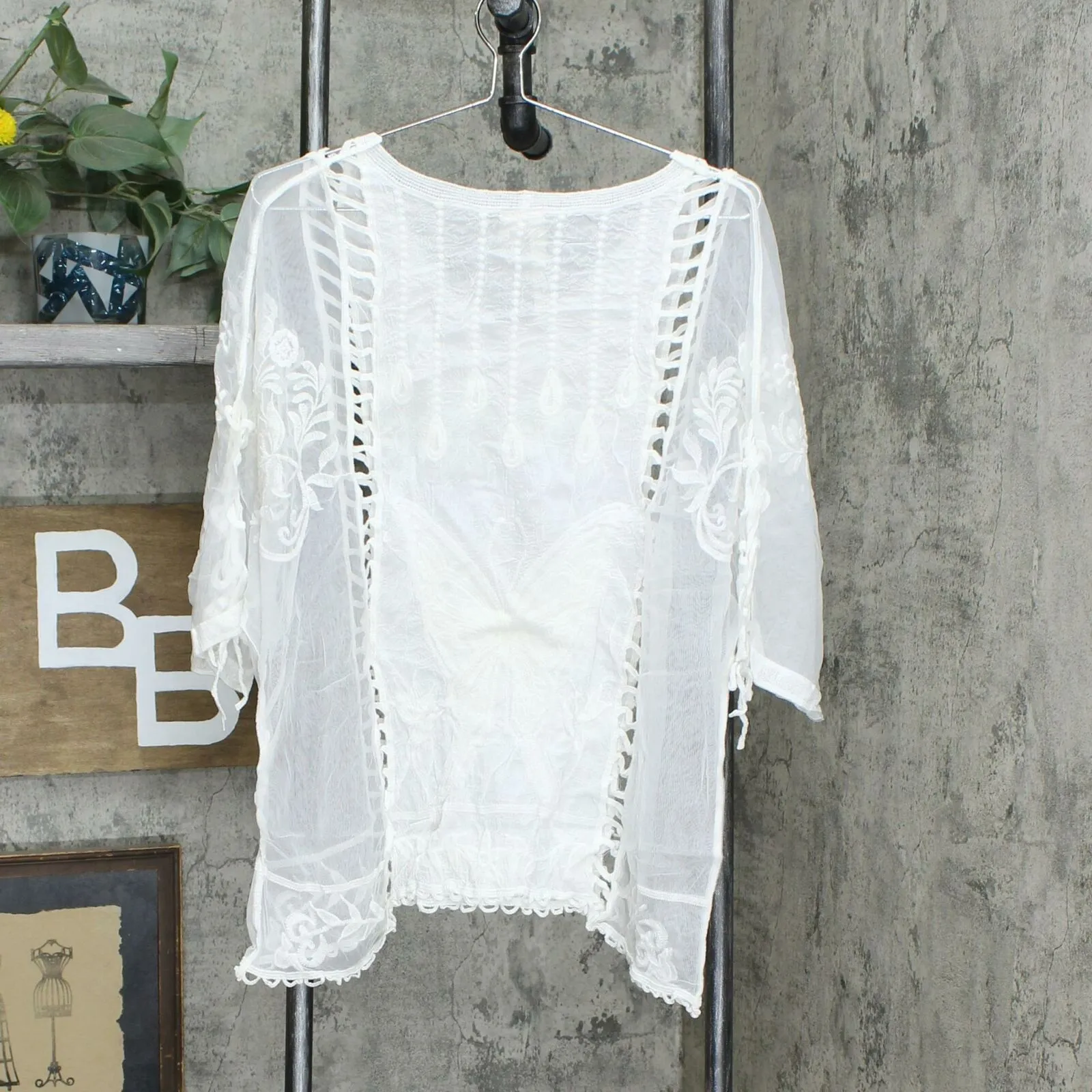 Forgotten Grace Women's Bell Sleeve Crochet Embroidered Tunic Top