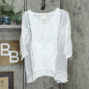 Forgotten Grace Women's Bell Sleeve Crochet Embroidered Tunic Top