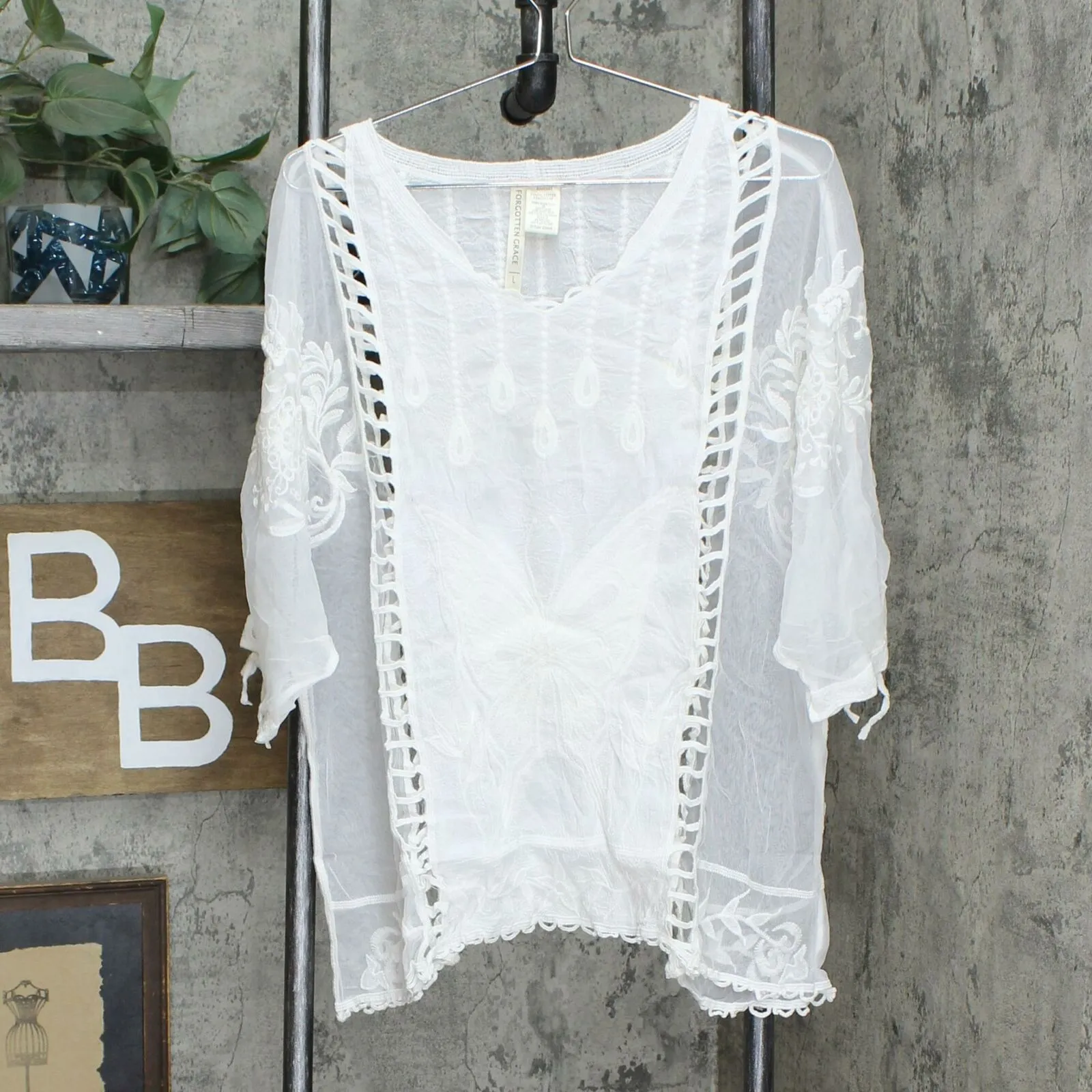 Forgotten Grace Women's Bell Sleeve Crochet Embroidered Tunic Top
