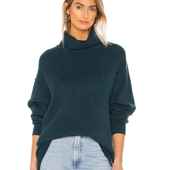 Free People Softly Structured Knit Tunic Turtleneck Pullover Sweater Teal XS