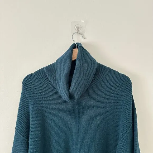 Free People Softly Structured Knit Tunic Turtleneck Pullover Sweater Teal XS