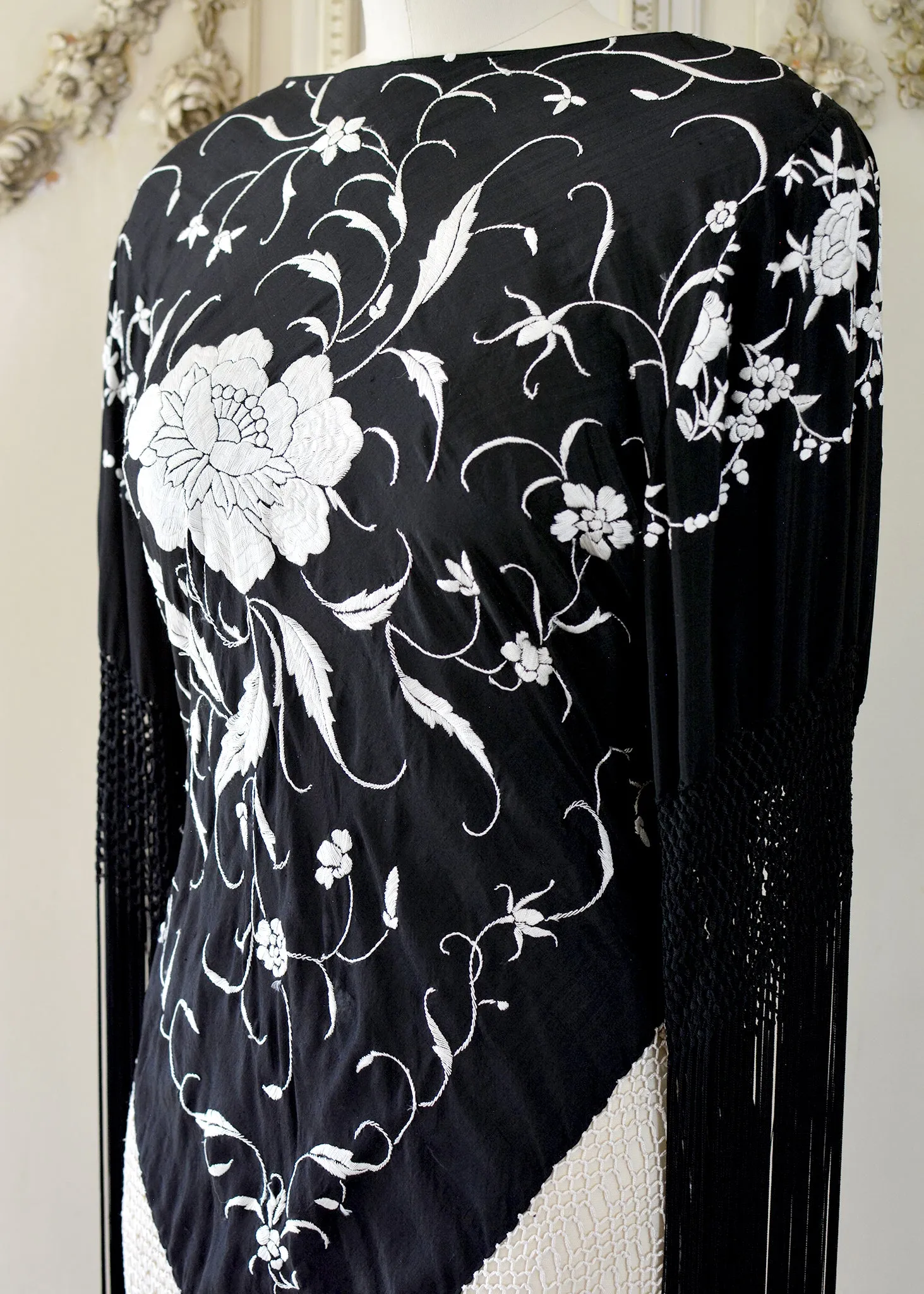 Gillian Antique Hand Embroidered Black & Creme Silk Tunic with Fringes