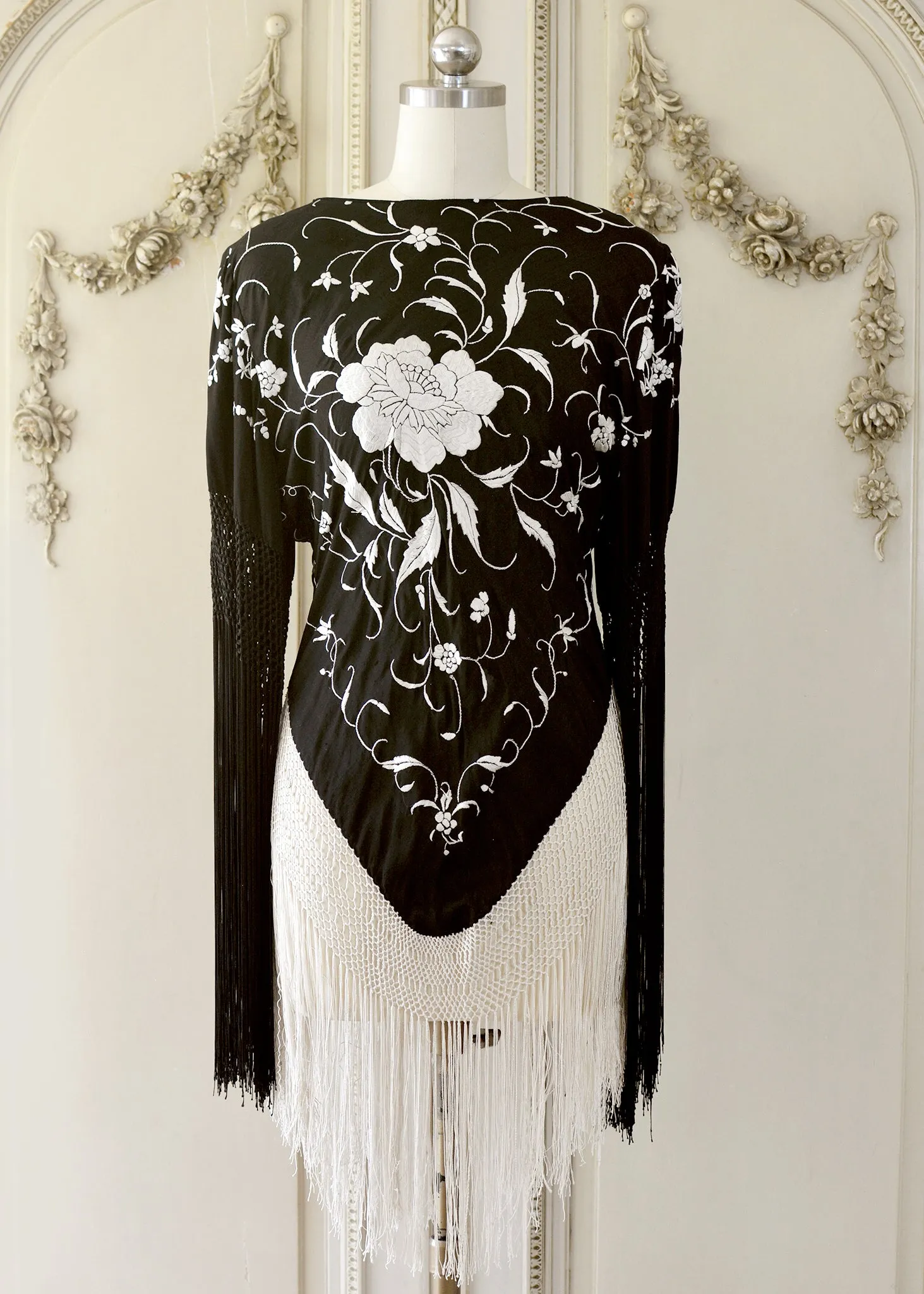 Gillian Antique Hand Embroidered Black & Creme Silk Tunic with Fringes