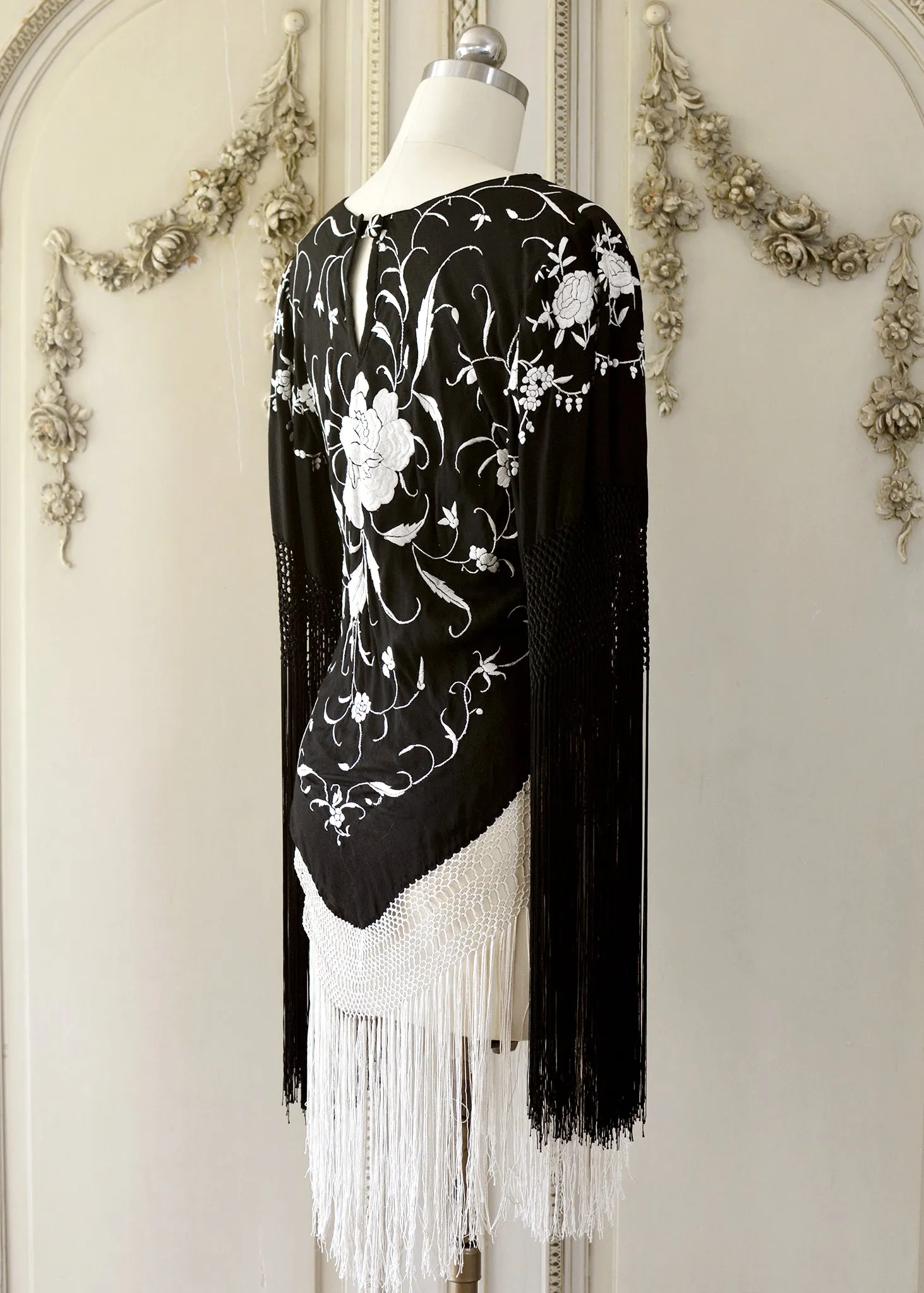 Gillian Antique Hand Embroidered Black & Creme Silk Tunic with Fringes