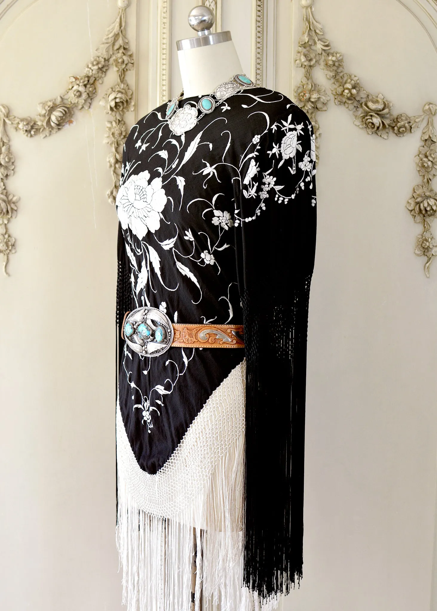 Gillian Antique Hand Embroidered Black & Creme Silk Tunic with Fringes