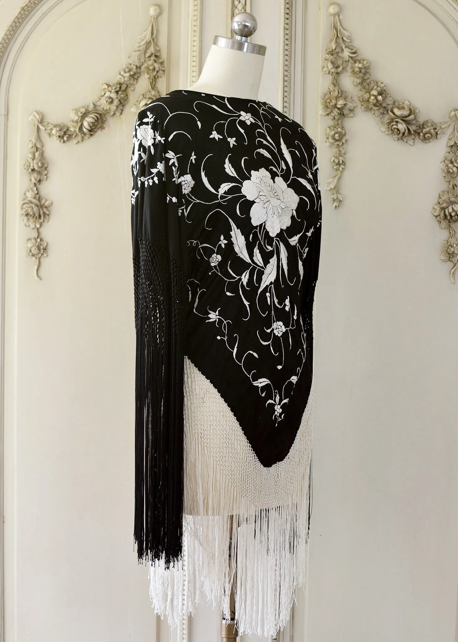 Gillian Antique Hand Embroidered Black & Creme Silk Tunic with Fringes