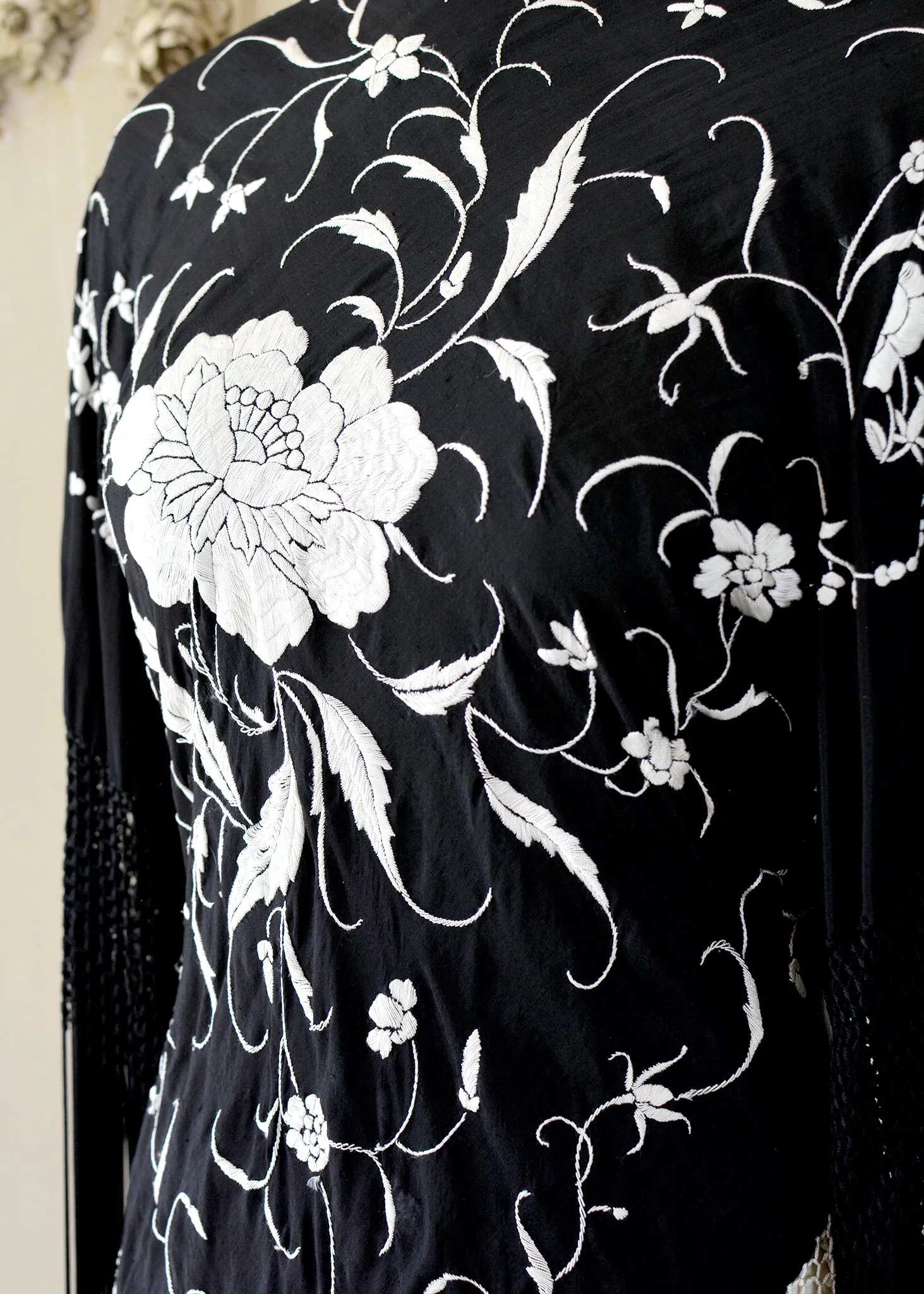 Gillian Antique Hand Embroidered Black & Creme Silk Tunic with Fringes