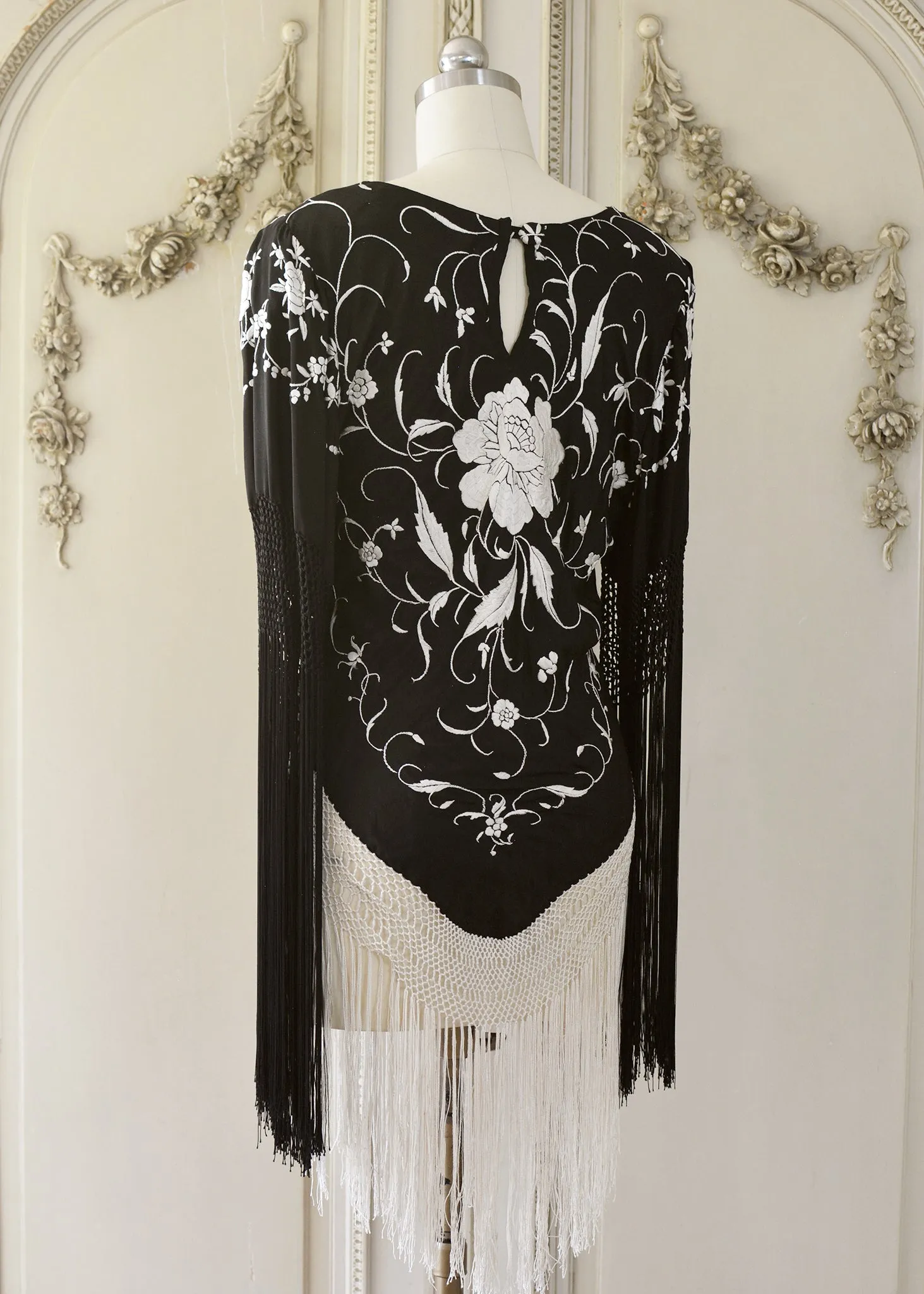 Gillian Antique Hand Embroidered Black & Creme Silk Tunic with Fringes