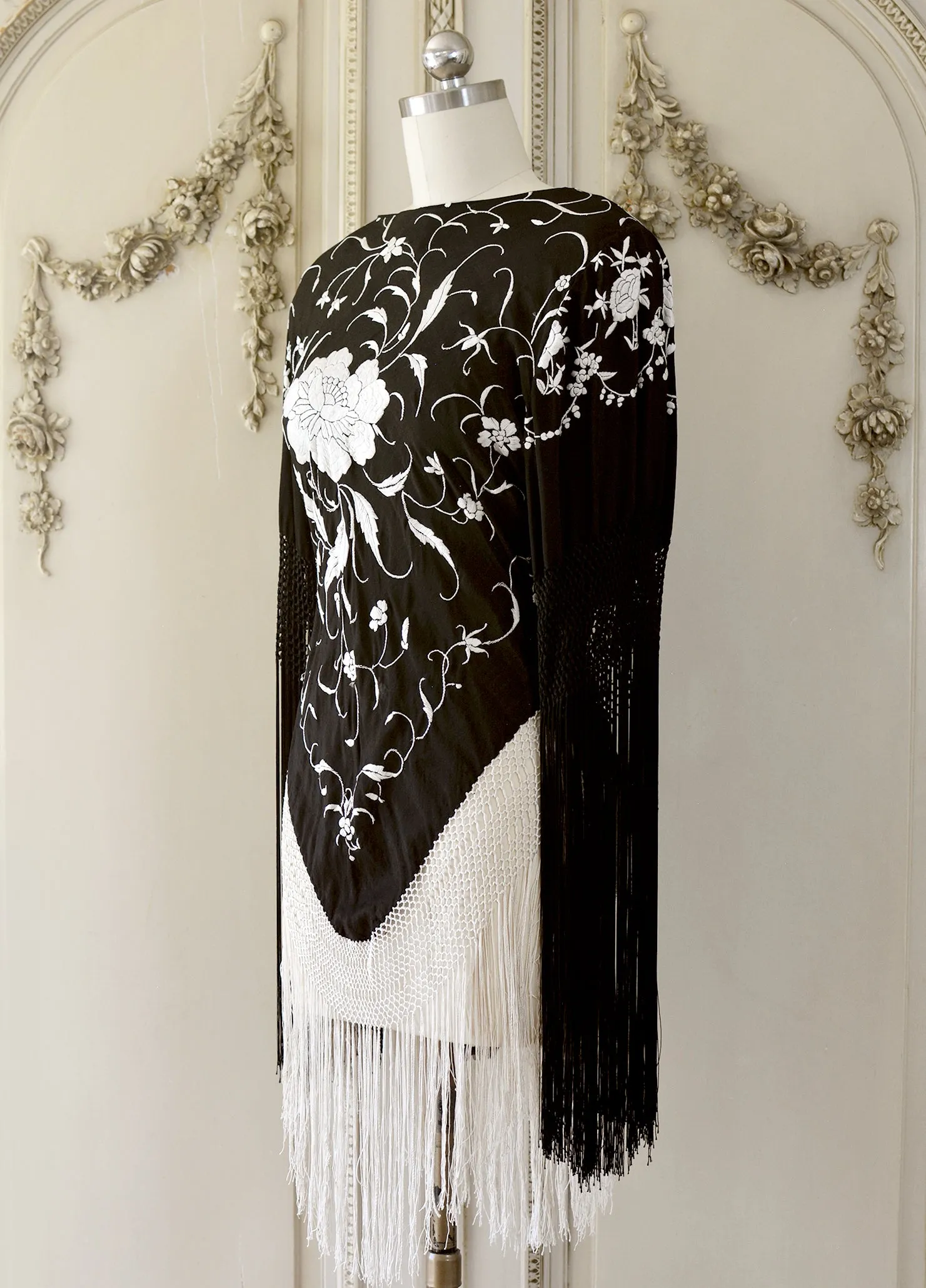 Gillian Antique Hand Embroidered Black & Creme Silk Tunic with Fringes