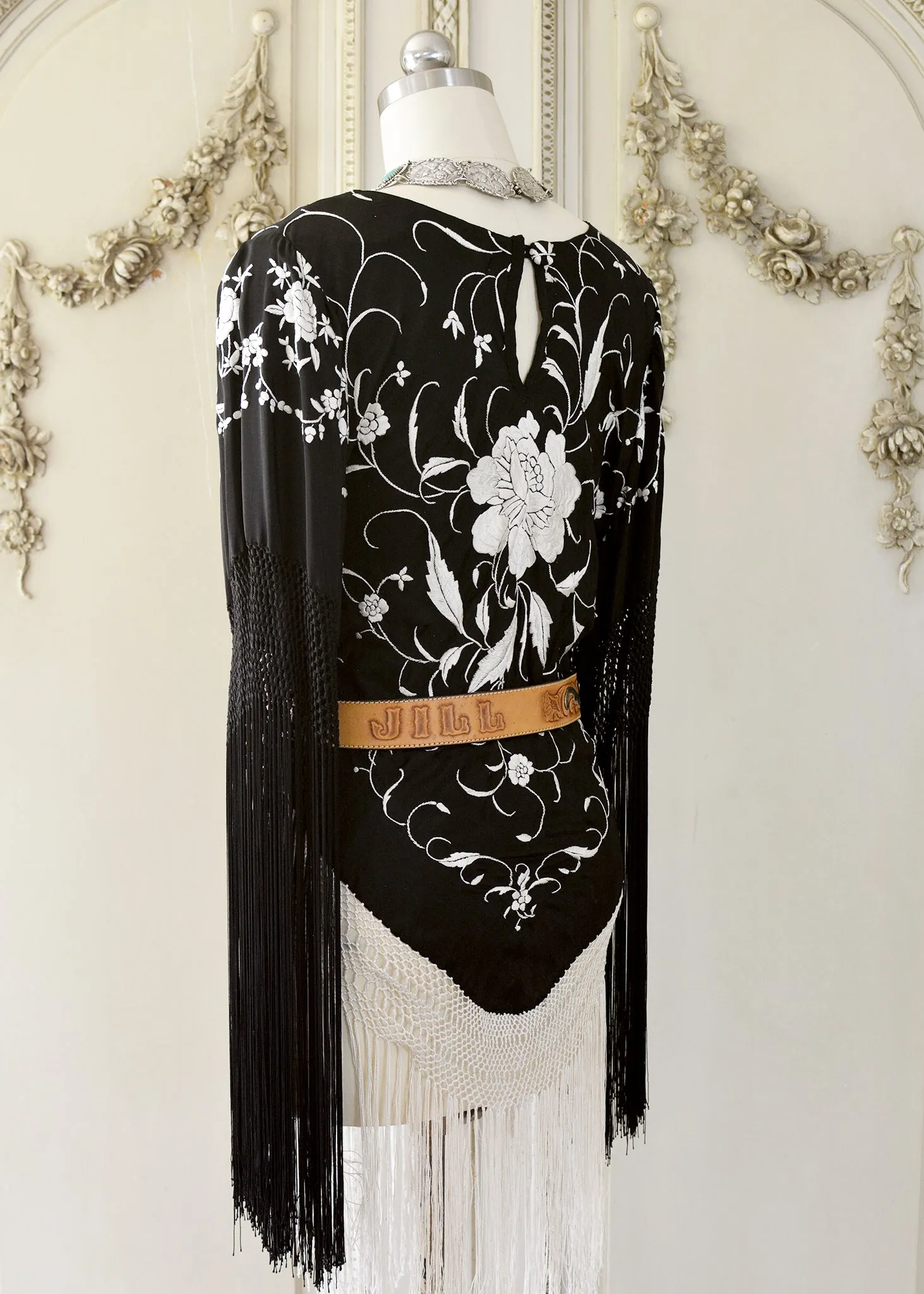 Gillian Antique Hand Embroidered Black & Creme Silk Tunic with Fringes