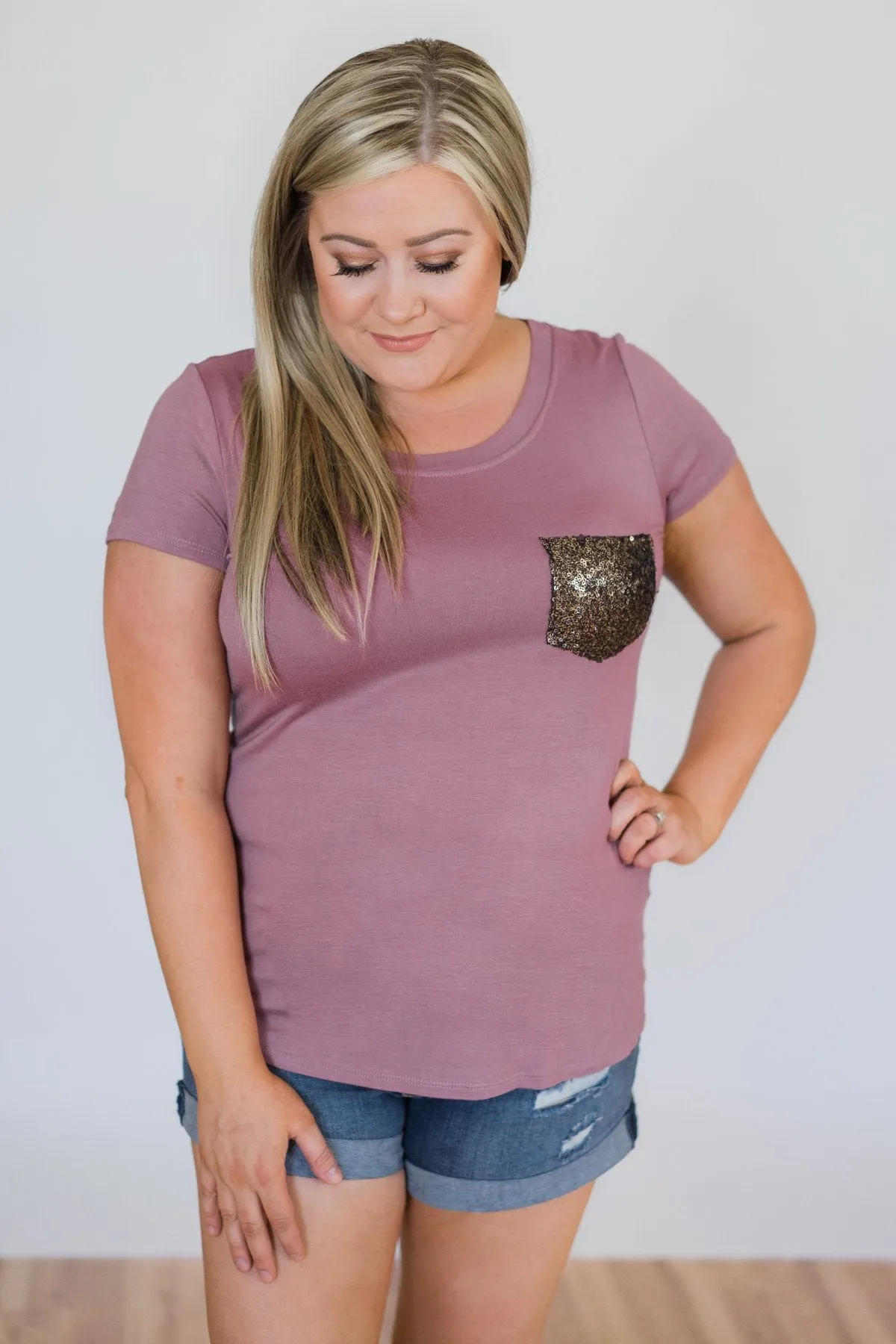 Glam Pocket Short Sleeve Top- Dusty Purple