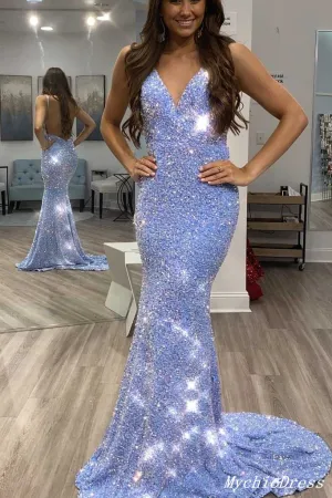 Glitter Mermaid V Neck Long Sequin Prom Dresses 2024 Open Back