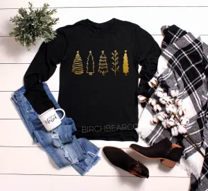 Gold Drawn Christmas Trees Long Sleeve Shirt