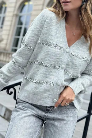 Gray Sequin Patch Buttoned V Neck Knit Cardigan