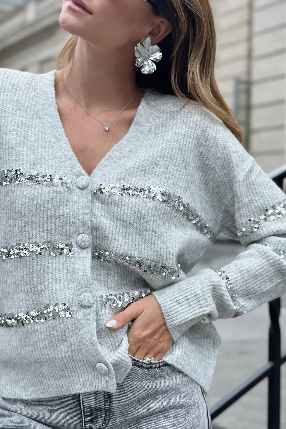 Gray Sequin Patch Buttoned V Neck Knit Cardigan