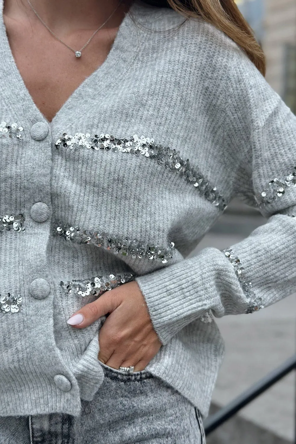 Gray Sequin Patch Buttoned V Neck Knit Cardigan
