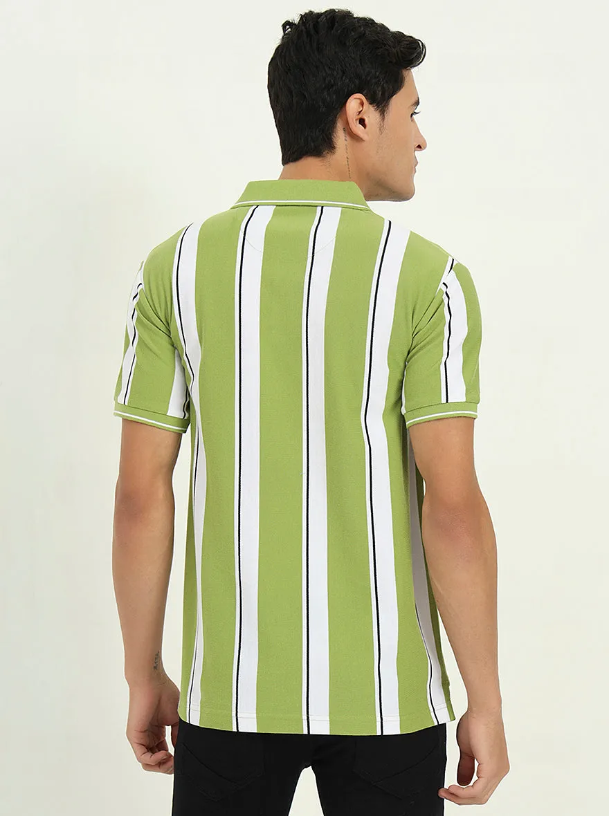 Green & White Striped Slim Fit Polo T-Shirt | Greenfibre