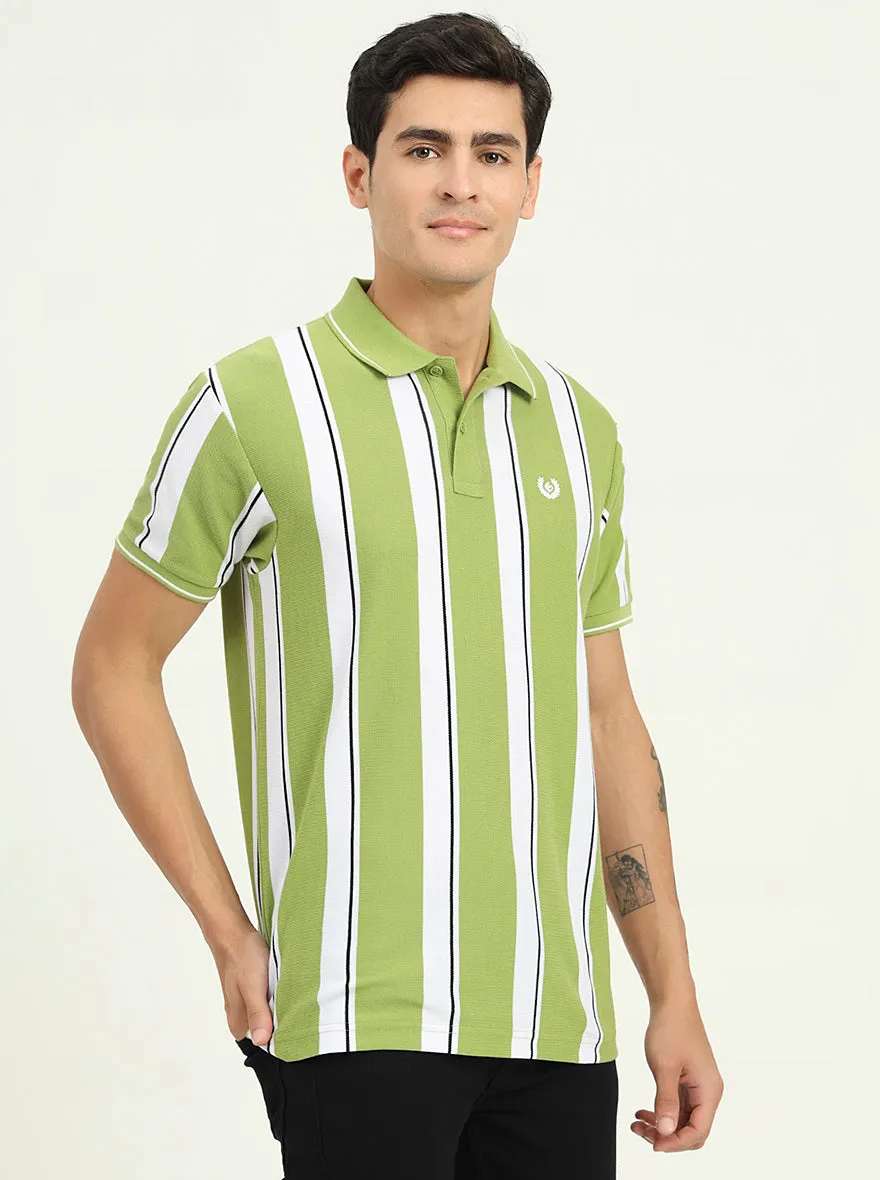 Green & White Striped Slim Fit Polo T-Shirt | Greenfibre