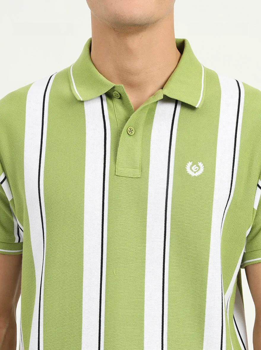 Green & White Striped Slim Fit Polo T-Shirt | Greenfibre
