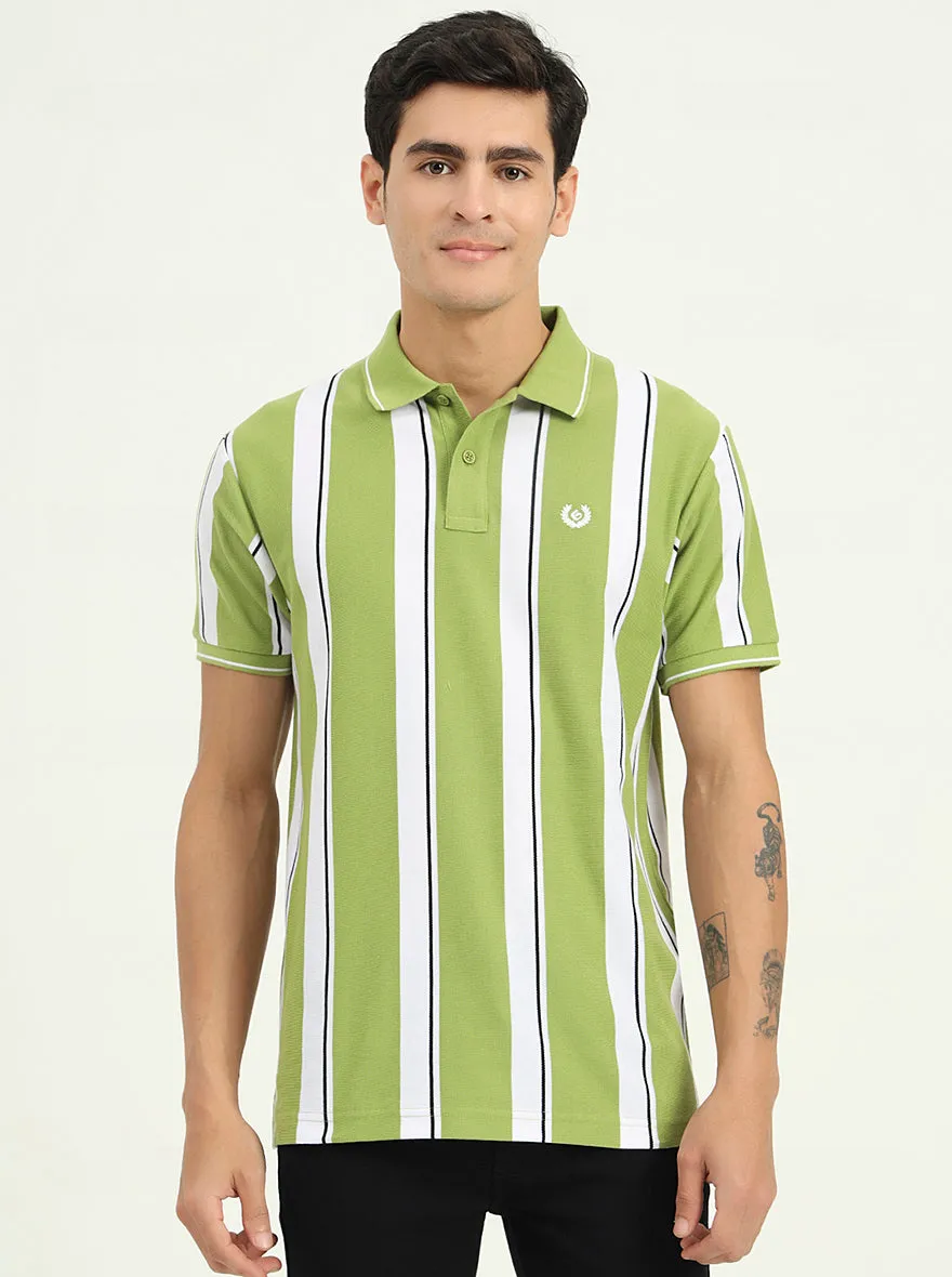 Green & White Striped Slim Fit Polo T-Shirt | Greenfibre