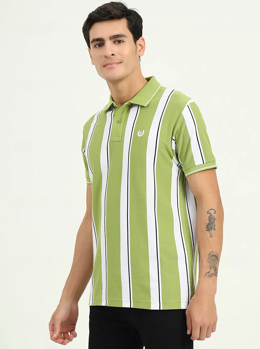 Green & White Striped Slim Fit Polo T-Shirt | Greenfibre