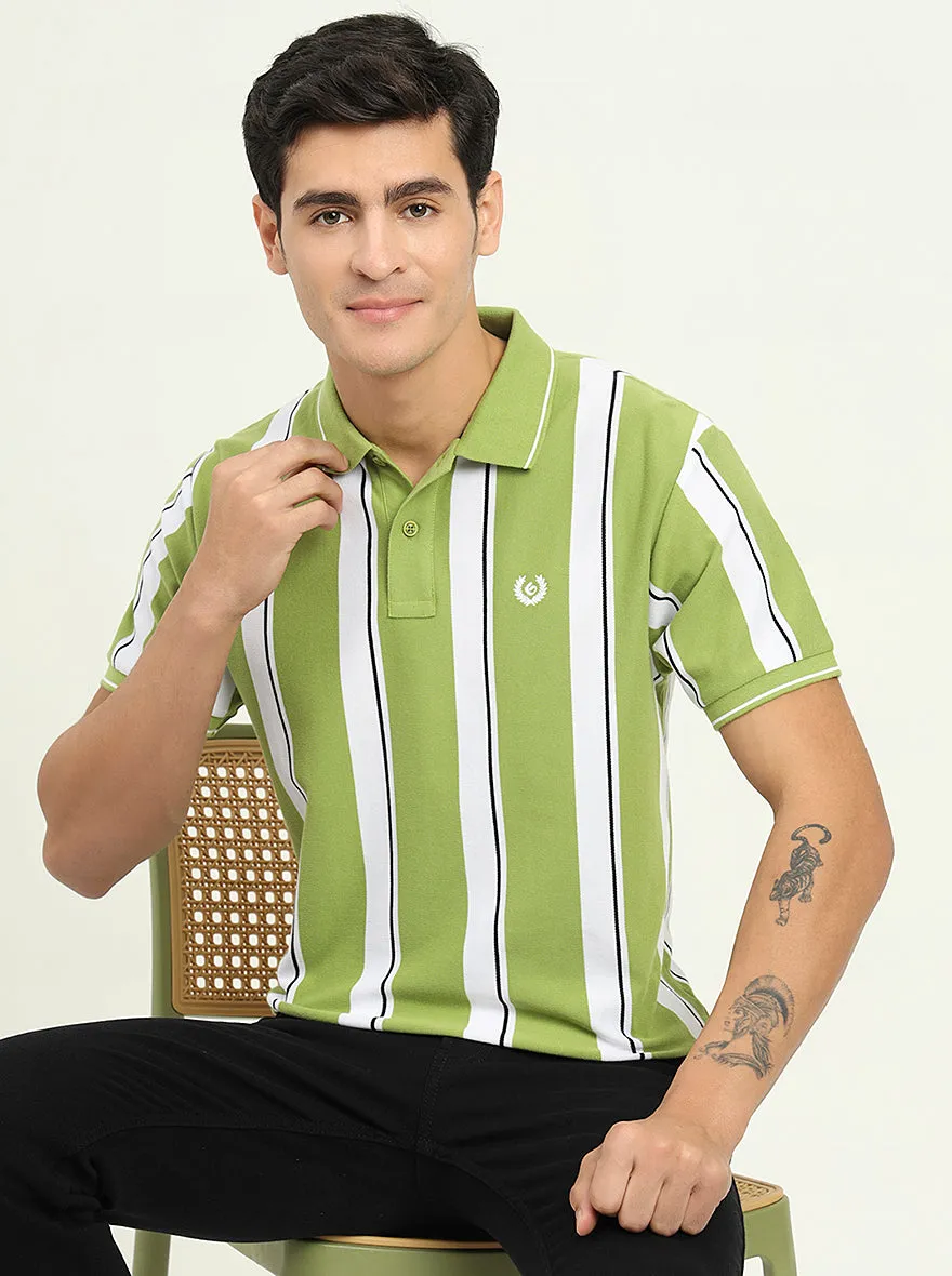 Green & White Striped Slim Fit Polo T-Shirt | Greenfibre