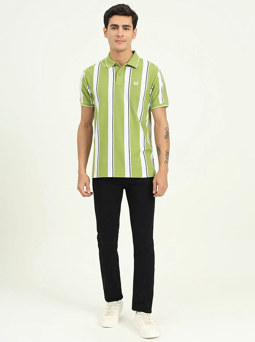 Green & White Striped Slim Fit Polo T-Shirt | Greenfibre