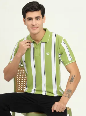 Green & White Striped Slim Fit Polo T-Shirt | Greenfibre