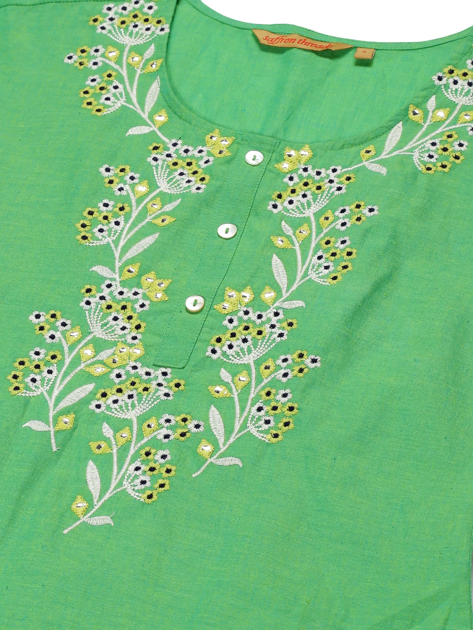 Green Cotton Embroidered Neck Kurta