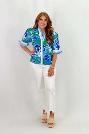 Green Floral Mix Puff Sleeve Top