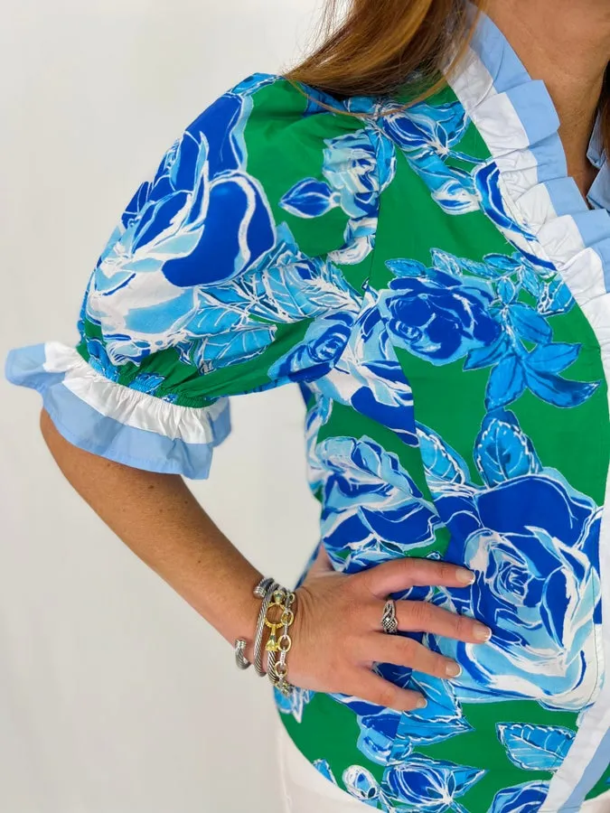 Green Floral Mix Puff Sleeve Top